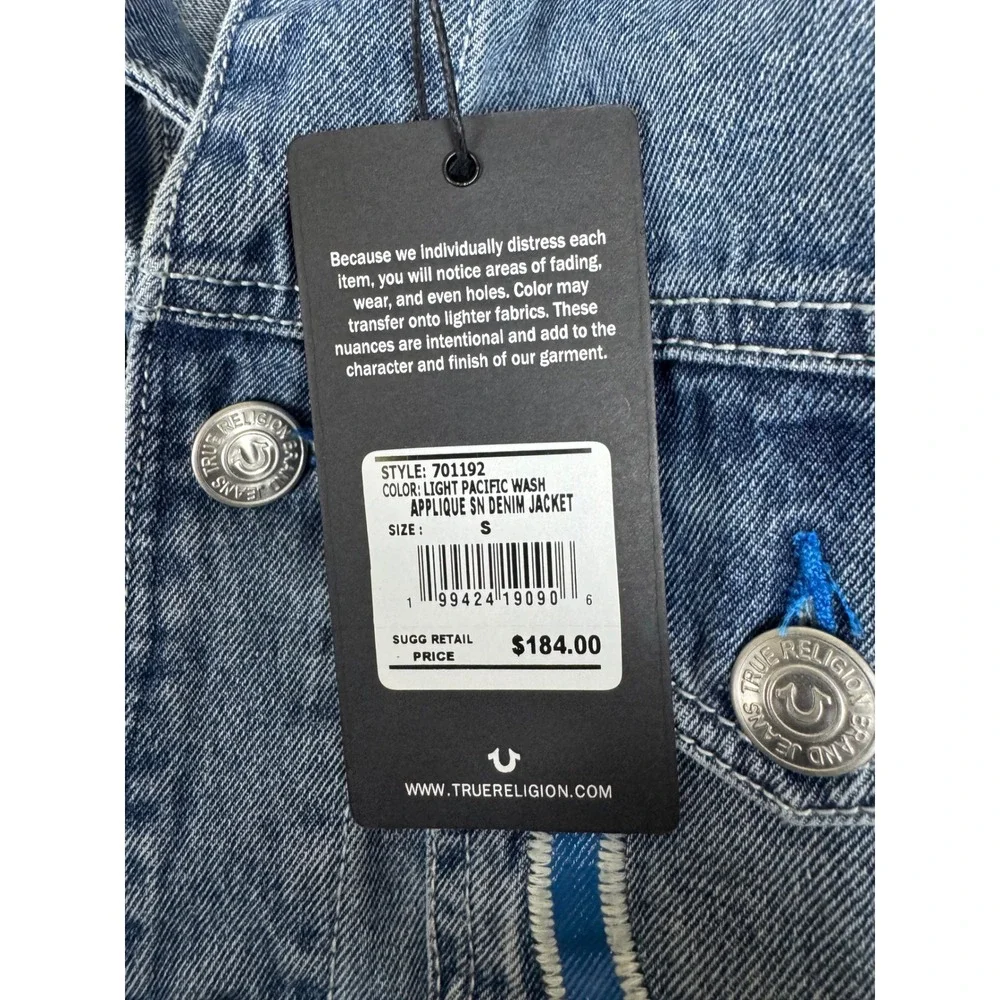 True Religion Mens Applique SN Denim Jacket Light Pacific Wash 701192 Small NWT